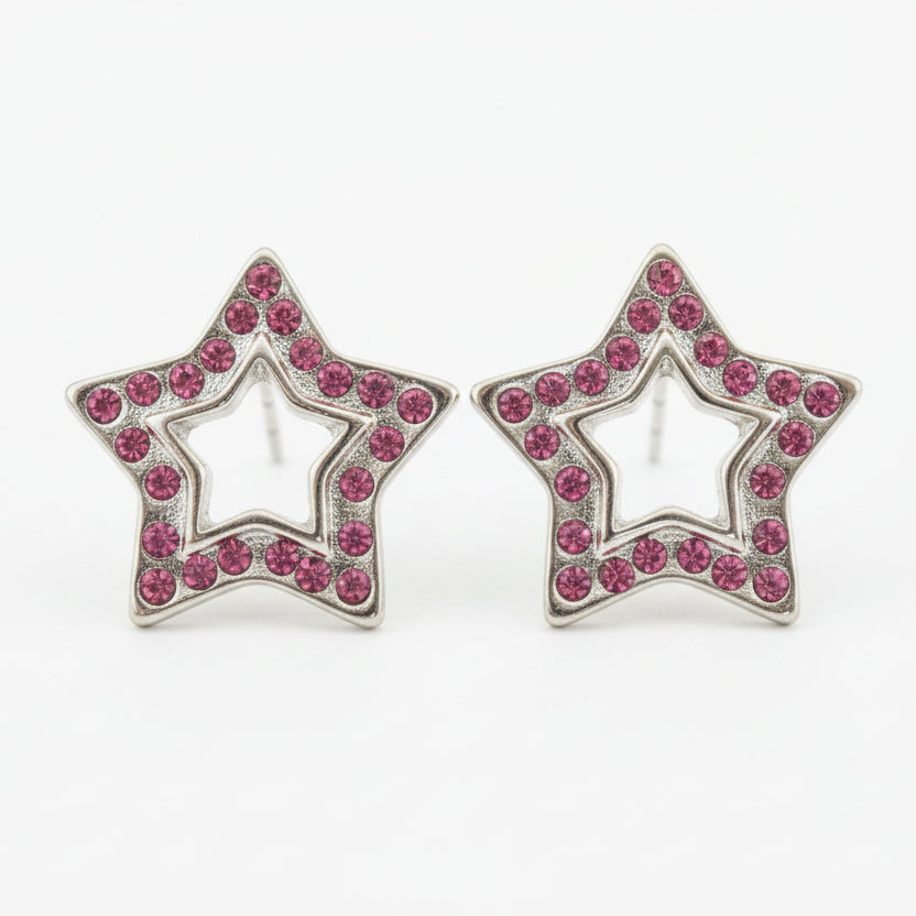 Joyeria Nice Aretes PH Plateado Estrella Piedra Rosa