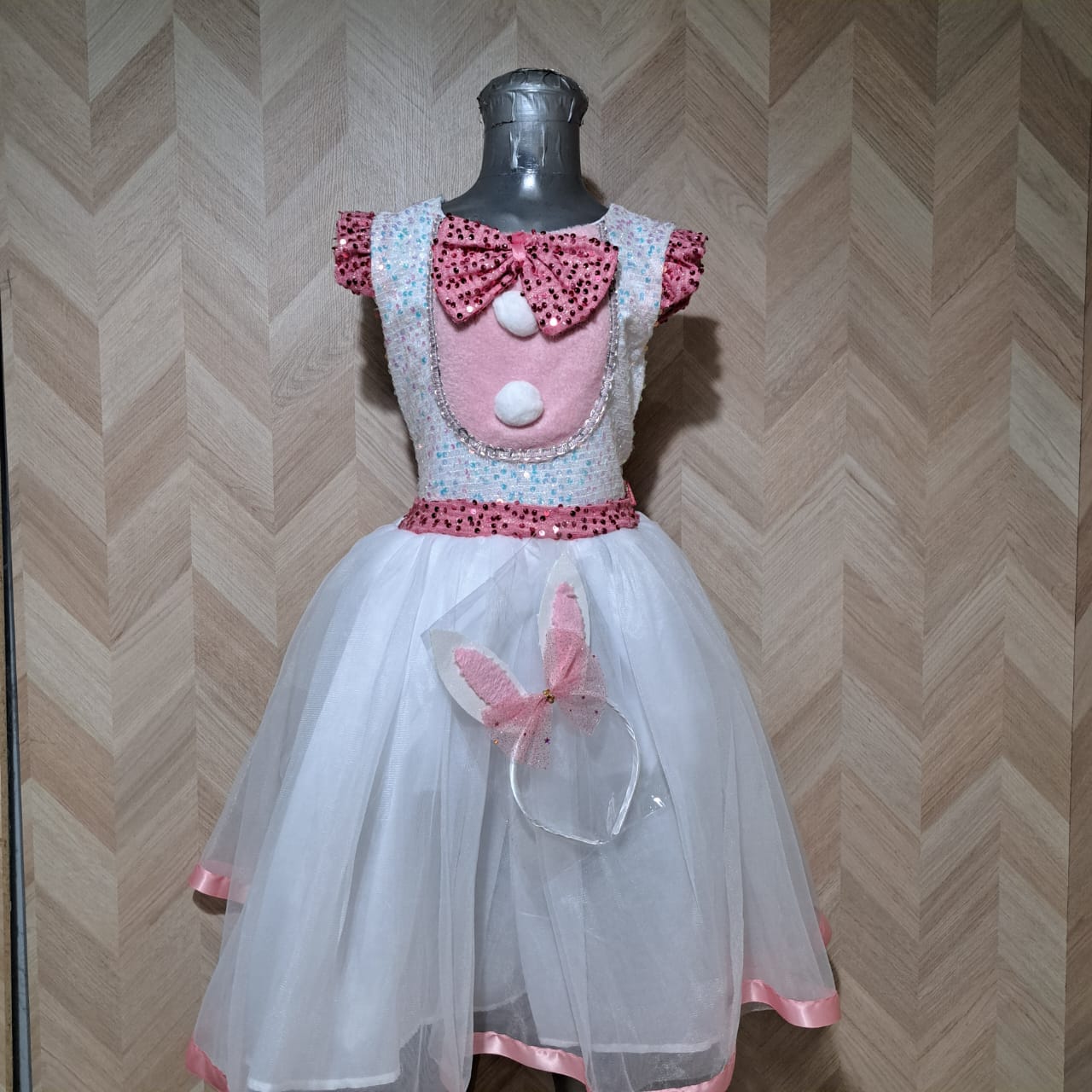 Niña Vestuarios Infantiles Vestido Conejo Moño Blanco Rosa