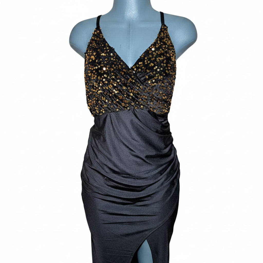 CarolinaBoutique Vestido Negro Lentejuela Fiesta Cobrizo