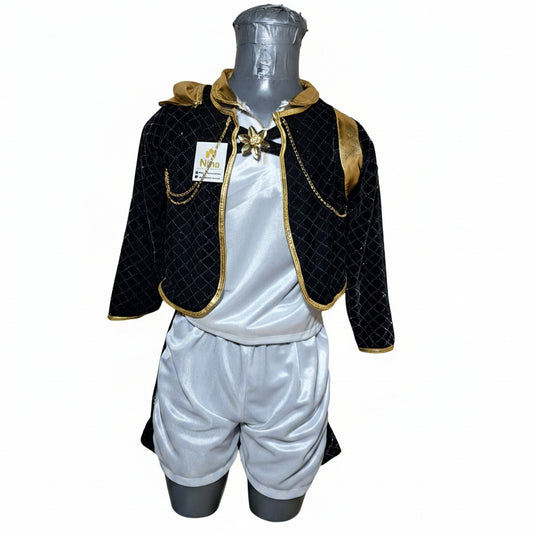 NVI Vestido Conjuntos Kpop Tercio Pelo Negro Broche Dorado Short Blanco