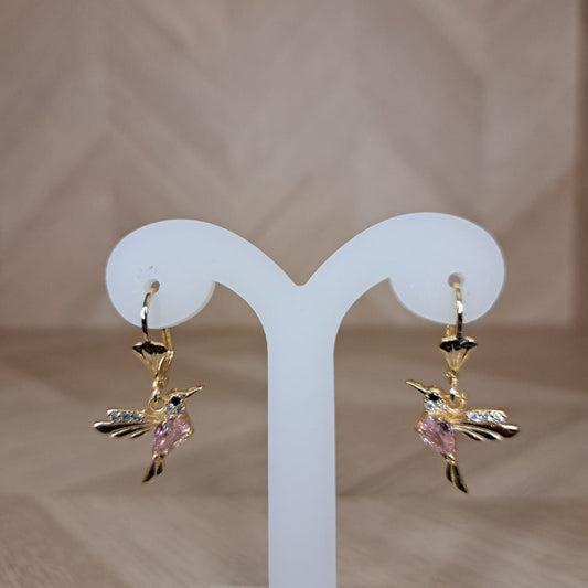 Mujer Moza Aretes Colibrí Piedras Rosas