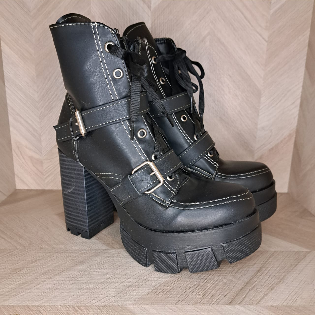 Petite23 Par Botas Hebillas Costuras Negro