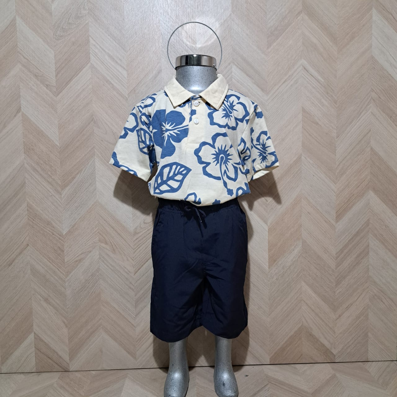 Panditastyle Traje Camisa Blanca Hoja Short Azul Marino 2Pzas