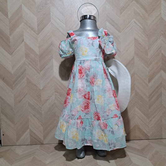 Panditastyle Vestido Celeste Rosas Sombrero 2Pzas