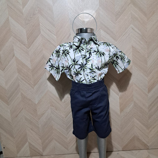 Panditastyle Traje Camisa Palmeras Short Azul 2Pzas