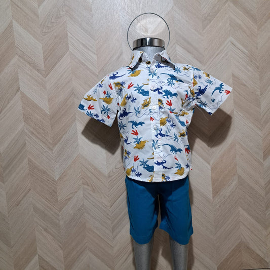 Panditastyle Traje Camisa Dinosaurios Short Turquesa 2Pzas