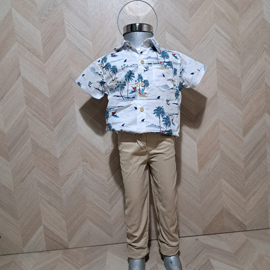 Panditastyle Traje Camisa Blanca Pez Pantalon Beige 2Pzas