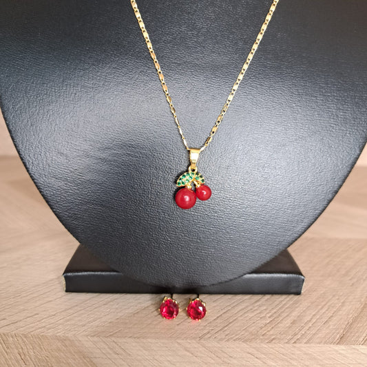 Mujer Moza Collar Cereza Aretes