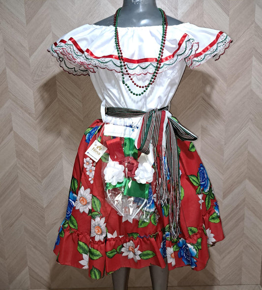 Niña Vestuarios Infantiles Vestido Mexicano Blanco Rojo Flores