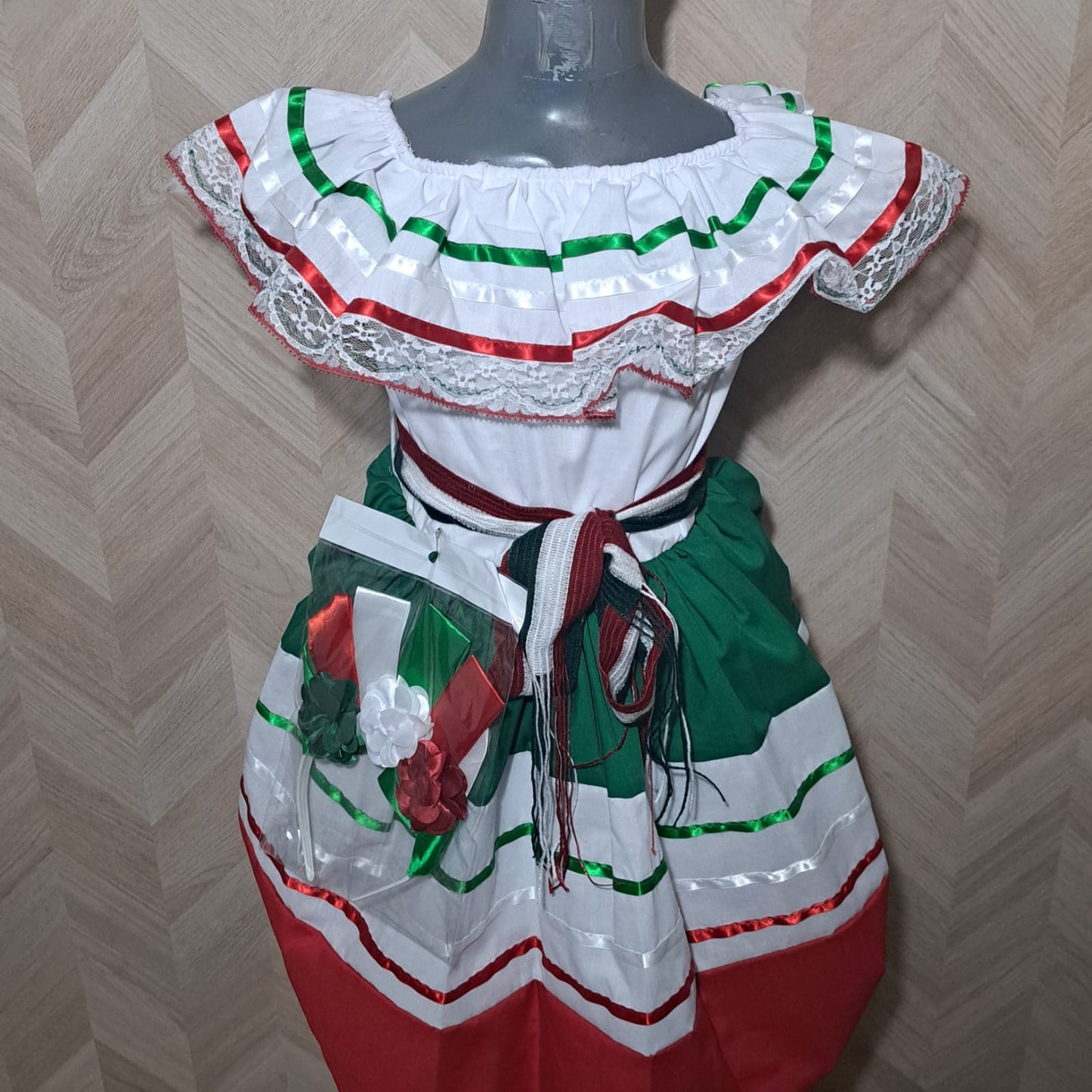 Niña Vestuarios Infantiles Vestido Mexicano Blanco Tricolor