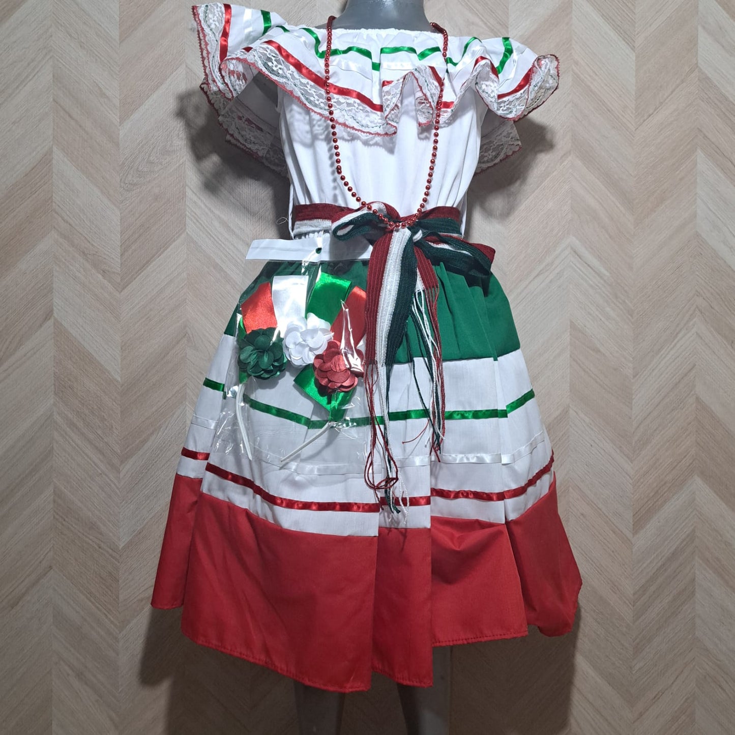 Niña Vestuarios Infantiles Vestido Mexicano Blanco Tricolor