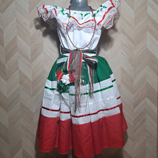 Niña Vestuarios Infantiles Vestido Mexicano Blanco Tricolor